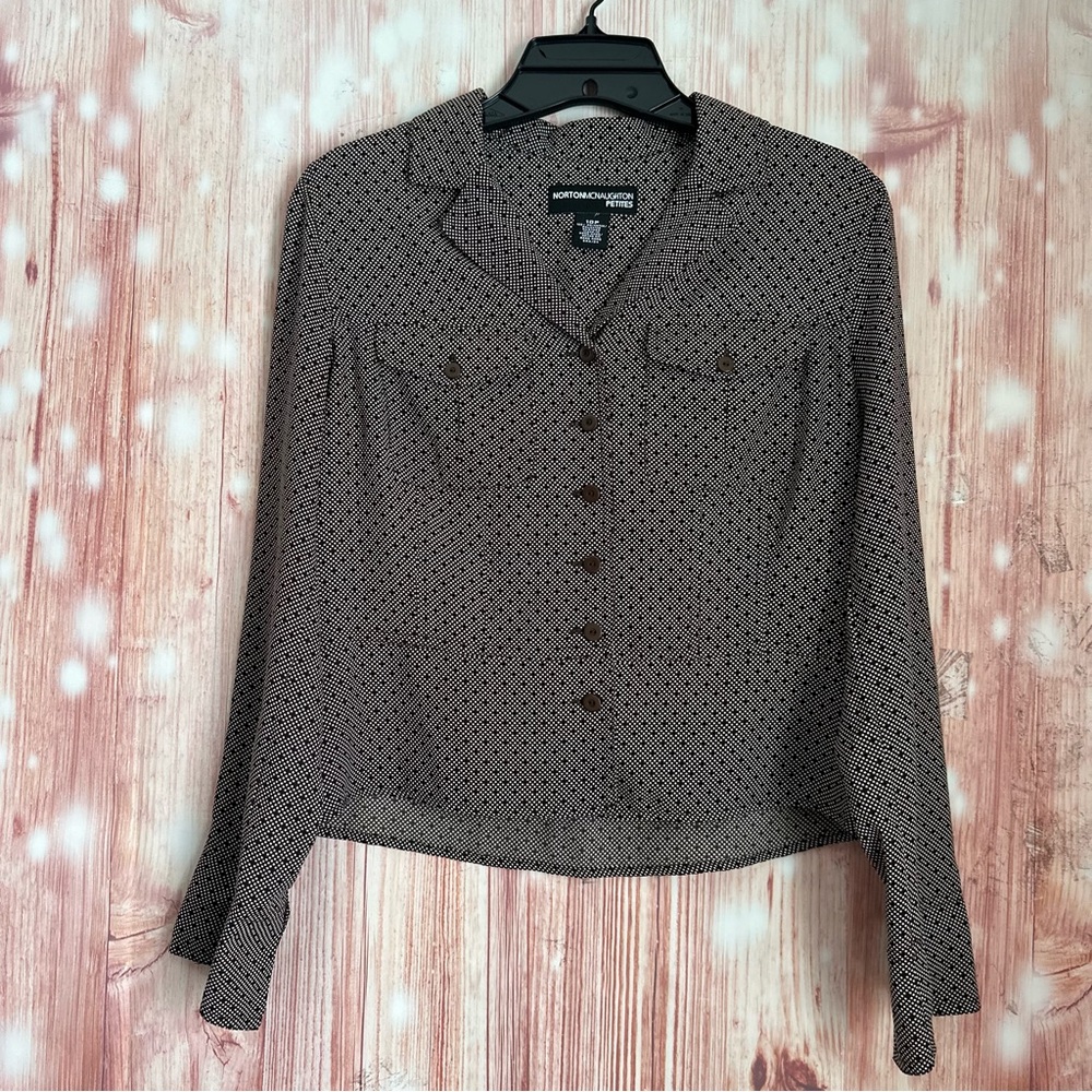 Norton McNaughton Petites Y2K Vintage Brown Dot Print Button Front Blouse 10P